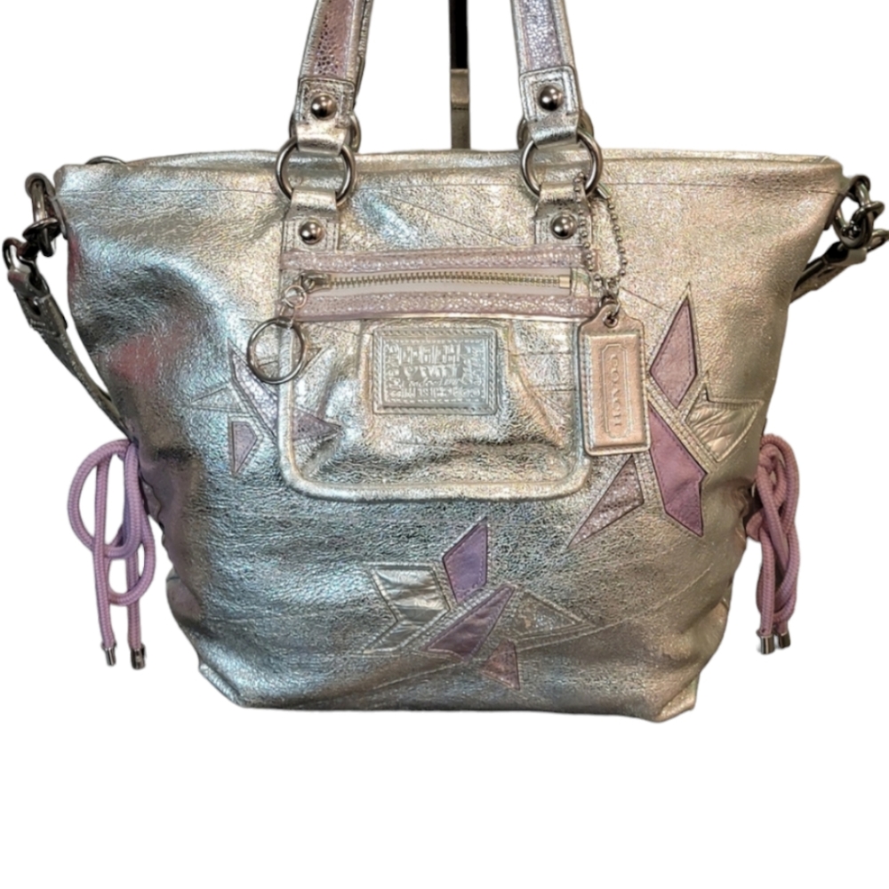 Coach Poppy Metallic Silver Star Spotlight Glam Tote Rare Find